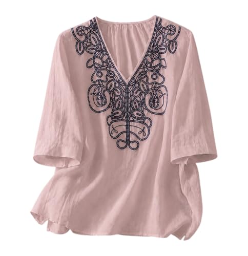Image of RIEKA Womens Tunic Top with Floral Embroidery V Neck 3 /4 Sleeve Relaxed Fit Casual Ethnic Fusion Top Lightweight Sheer Fabric Everyday Wear for Women