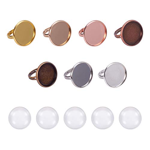 PH PandaHall 14 Sets 7 Colors Adjustable Ring Blanks, Finger Ring Settings Components Ring Base Blank Bezel Tray with 20mm Clear Glass Cabochons for Ring Blanks Making