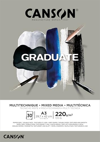 Canson Graduate, Papel Mixed Media, Doble cara: Granulada y lisa, 220g, Encolados por el lado corto, A3-29,7x42cm, Gris, 30 Hojas