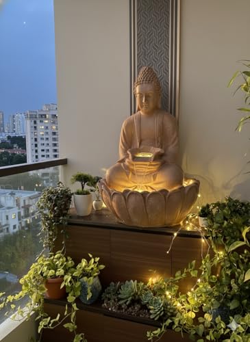 Image of EXPLEASIA Lotus Buddha 3ft Water Fountain | Indoor Home Office Garden Vastu Decor | Big Size Waterfall | 65x65x90 cms |Beige