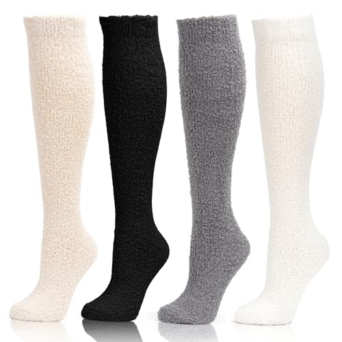 Dzpuhuojz Fluffy Socks for Women Thigh High Socks High Knee Winter Cosy Thermal Warm Sock 4 Packs Fashionable Bed Leg Boot Sock Christmas Birthdays Thanksgiving Gifts for Ladies women Girls