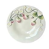 Hikiwin Handmade 3D Embossed Strawberry Ceramic Plate,Floral and Fruit Design Porcelain Dinner Plates,Round Hand Painted Relief Porcelain Breakfast Dessert Plate,10 Inches,White,1 Pack