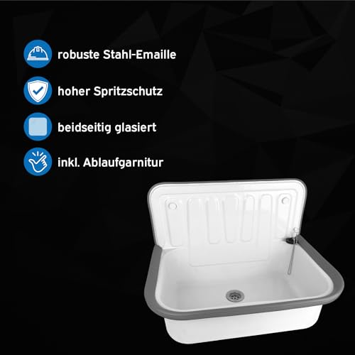kör4u Ausgussbecken weiß 50cm, aus robustem Stahl für Keller, Waschküche, Garten, Spülbecken, inkl. Abflussstopfen