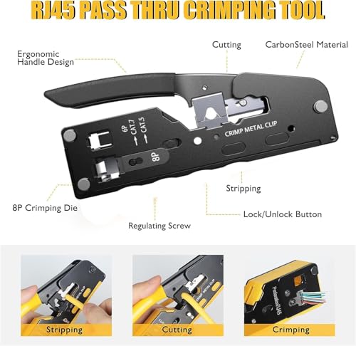Image of XIKKART RJ45 Crimping Tool Kit, Passthrough Cat7 Cat6A Cat6 Cat5E Cat5 RJ45 Ethernet Crimp Tool with 10PCS Cat7 Pass Through Connectors 10PCS Cat6 Pass Through Connectors 10PCS Covers 1 Network Tester