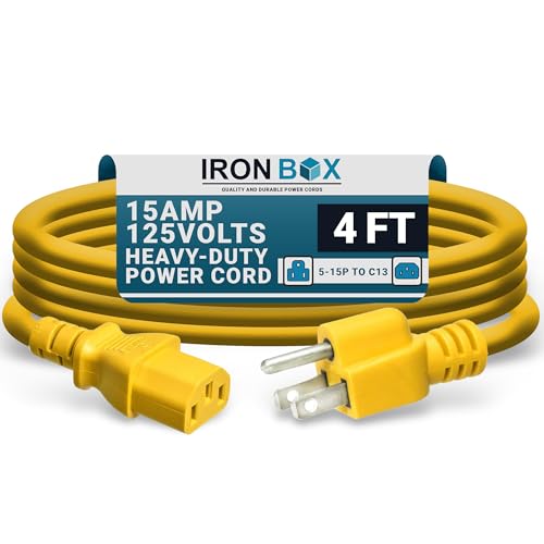 Image of IronBox Electric - Heavy-Duty 5-15P to C13 Power Cord - 3 Prong 15A 125V 14 /3 SJT PC Cable - Cord for Computer, Monitor, Subwoofer, Amplifier - Cable for Power Supply - (Yellow 4 Foot)