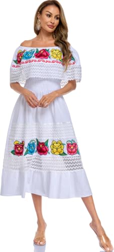 Image of YZXDORWJ Women Embroidered Mexican Peasant Casual Sexy Lace Off-Shoulder Long Dress