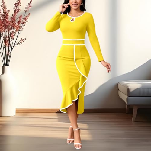 Image of Women's Elegant Church Vintage Bodycon Dress Casual Long Sleeve Work Business Pencil Split Sheath Midi Dresses