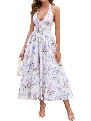 Image of Parthea Women's Gingham Halter V Neck Midi Dress Corset Smocked Sundress Flowy A Line Wedding Guest Dresses