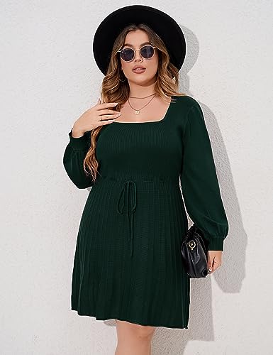 Image of Women's Plus Size Casual Sweater Dress Square Neck Long Lantern Sleeve Tie Waist Loose Pullover Sweater Dresses
