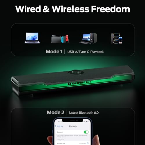 Image of Monster S330 Computer Speakers, HiFi Stereo Sound PC Speakers, Bluetooth 6.0 Computer Sound Bar with Dynamic RGB Light, USB /Type-C Plug & Play, Gaming Speakers for Computer Desktop, PC, Laptop, Tablet