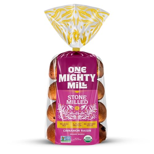 One Mighty Mill Whole Wheat Cinnamon Raisin Bagels, 100% Organic, Fresh-Milled, Stone-Ground Flour - No Preservatives or Artificial Ingredients, Non-GMO, Kosher (4 Count, 1 Pack)