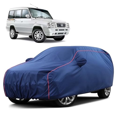 Image of Sulfar 100% Water Resistant Car Body Cover Compatible with Mirror for Tata Sumo Gold (Triple Stitched, Full Bottom Elastic, Blue Taffeta with Red Piping)