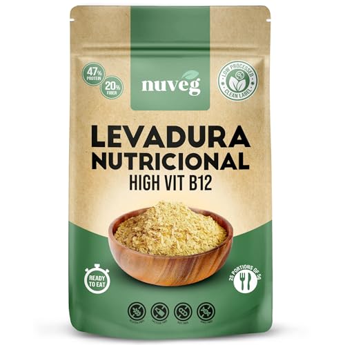 NUVEG Levadura Nutricional B12, Alto Contenido en Fibra, Levadura Nutritiva en Copos Rica en Vitamina B y Proteínas 47%, Nutritional Yeast Sin Gluten, Sin Azucar, Ideal para Queso Vegano, Pack 2, 250g