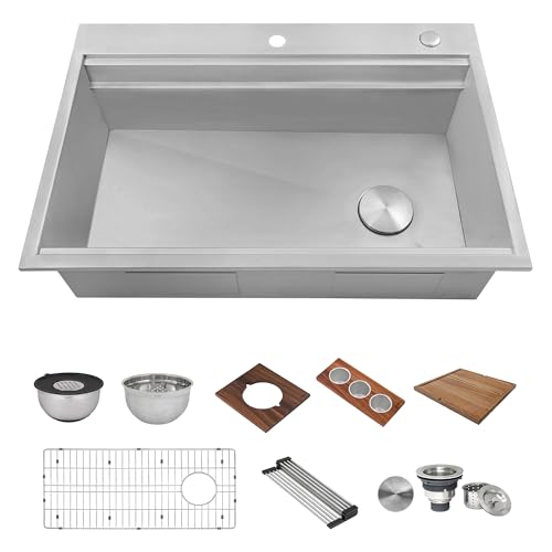 Image of Ruvati 33-inch Two-Tiered Ledge Workstation Kitchen Sink - Drop-in Topmount Kitchen sink - 16 Gauge Stainless Steel Kitchen Sink with Brushed Finish hides scratches - RVH8424