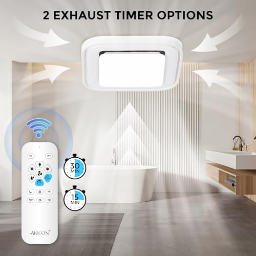 Image of Akicon Bathroom Exhaust Fan with RGB LED Light, 110 CFM 1.5 Sone Ultra Quiet Bathroom Vent Fan for Ceiling, 3CCT Dimmable Light & Nightlight, Remote Control, Square (White)