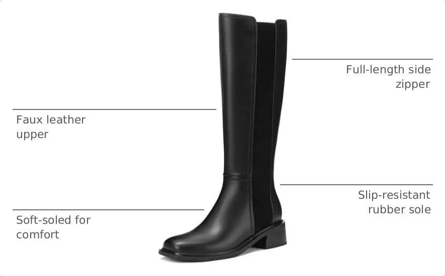 Image of TEAIEUI Knee High Boots for Women Flat Square Toe Chunky Block Low Heel Side Zipper Soft-Soled Tall Long Boots
