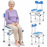 BAKAJI Sgabello da Doccia con Schienale e Braccioli, Struttura Alluminio e Seduta Ergonomica in HDPE, Sedile da Bagno per Anziani, Disabili e Persone con Mobilità Ridotta, Regolabile Altezza 83-93 cm