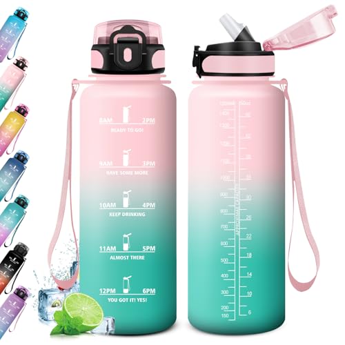 KollyKolla Botella Agua 1.5L Motivadora, Botella de Agua con Pajita, Prueba de Fugas, Reutilizable Cantimplora para Adulto, Colegio, Gimnasio, Oficina, Bicicleta, Gym, Fitness