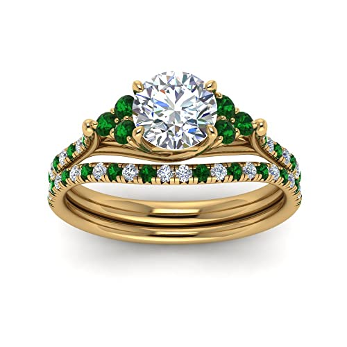 Image of Choose Your Gemstone Round Cut Petite Cathedral Wedding Ring Set Yellow Gold Plated Round Shape Wedding Ring Sets Matching Jewelry Wedding Jewelry Easy to Wear Gifts US Size 4 to 12
