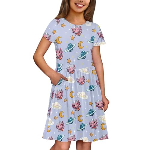 Image of Girls Dress with Pockets Basic Short Sleeve High Waist Swing Skater Dress School Party Dress for Kids