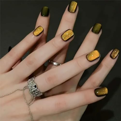 Short Press On Square Yellow False Nails with Designs Glitter