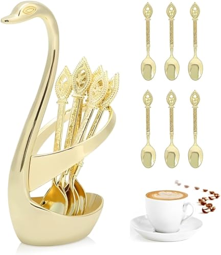 HERCHR 6 Pcs Coffee Spoon Set, Swan Base Holder, Dessert Spoon Organizer, European Espresso Spoons, Retro Dessert Fork, Dinnerware Set, Flatware Kit for Home, Bar, Restaurant