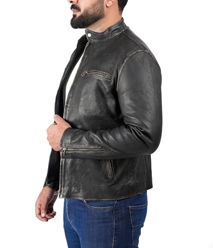 Veste en cuir véritable vieilli pour homme, noir, style vintage Cafe Racer Biker, Beige/noir, XL – vue 3