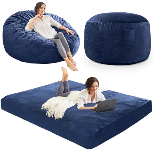 Bean Bag Chairs for Adults - Giant Bean Bag Chair Convertible Bean Bag Bed - Beanbag Chair with Micro Fiber Cover/Furniture Foam Filler - Floor Couch Sofa in Bedroom Dorm Room - Queen Navy Blue