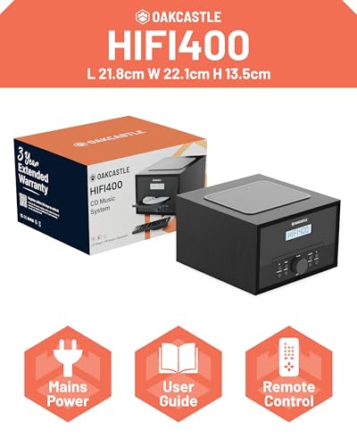 Image of Home Stereo System with CD Player Bluetooth & Radio | 40W FM Radio, Solid Wood Build, and 30 Presets | Multi Format Support, CD Player for Home, Compact Music System | Oakcastle Hifi400