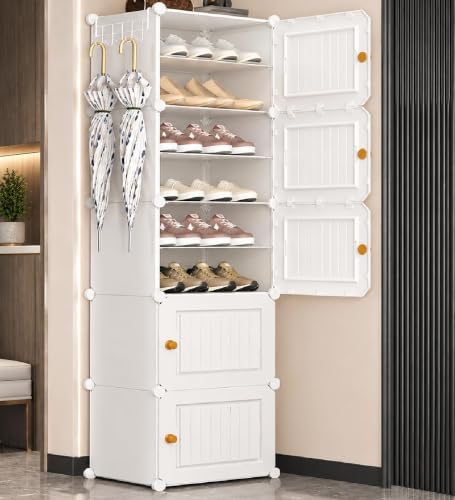 Image of Mevigo Plastic Shoe Rack for Home with Door | 9 Tier Stackable Shoe Organizer | Holds 18-Pairs |Waterproof & Dustproof | DIY Modular Shoe Cabinet |Chappal Slipper Stand (White-HY2, 10- Layer)