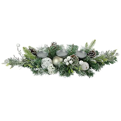Northlight Frosted Pine and Pinecones with Laced Ornaments Christmas Triple Candle Holder - 32