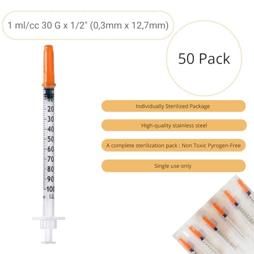 50 Stück 1 ml/cc Plastiktube 30G (0,3 x 12,7mm), Mehrzweck-Messwerkzeuge, Einzeln verpackt (30G 1/2)