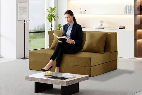 Image of Los Angeles Foldable Two Seater Sofa Cum Bed, Sofa Bed 4 X 6 Feet, Jute Fabric- Washable Cover- Including Two Cushion Perfect for Home & Office, Guest Room -Golden Color