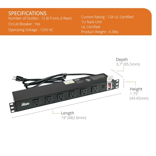 Image of Tecmojo 1U Rackmount Network-Grade PDU, 12 Wide-Spaced Right Angle Outlets, Circuit Breaker 12A (UL Certified 12A) 6ft Cord w / 5-15P Plug, Black