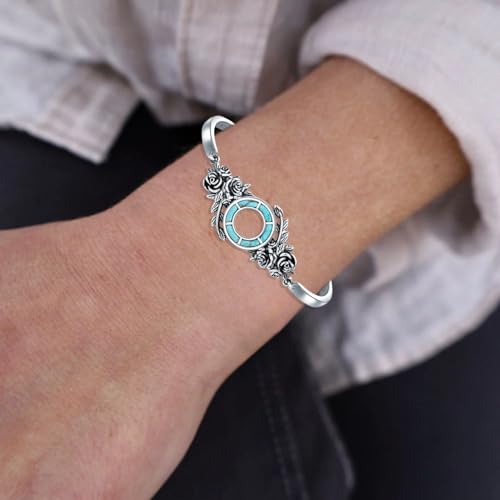 Genuine Turquoise Rose Bracelet, Sterling Silver Boho Adjustable Bangle Cuff Native American Jewelry for Women, Fit for 6.5 7 7.5 Inches3