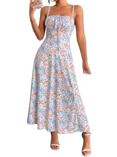 Image of YATHON Women's Summer Midi Corset Boho Dresses Spring Casual Floral Spaghetti Straps Lace Up Dress Flowy Aline Beach Sundress