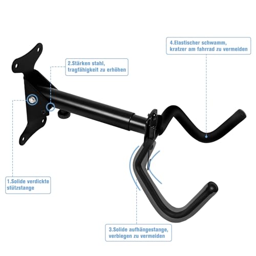 WUFANC Portabici da Muro, Capacità di Carico 22 Chilogrammi, Supporto Bici da Muro Realizzato in Metallo Robusto, Appendi Bici da Muro Regolabile in Angolazione e Distanza, con Gancio per Casco - 5