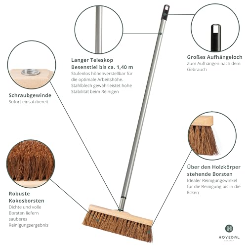 Kokosbesen mit Stiel, Kehrbesen Kokos mit Teleskopstiel Set, Saalbesen, Zimmerbesen, Straßenbesen mit Kokosborsten, Naturfaser – Bild 3