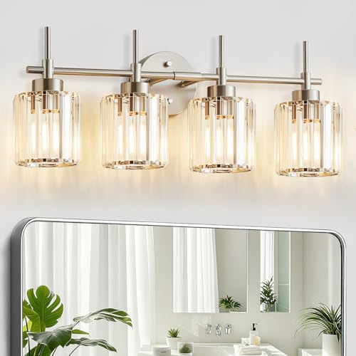 Image of EJIAXIN Crystal Bathroom Vanity Lights, 4 Light Bath Mirror Light Brushed Nickel Round Crystal Wall Mount Light Fixture Over Mirror Morden for Living Room