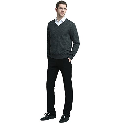 Kallspin Men's Cashmere Wool Blend Relax Fit V Neck Pullover Sweater (Charcoal, 2X-Large) #TOP3