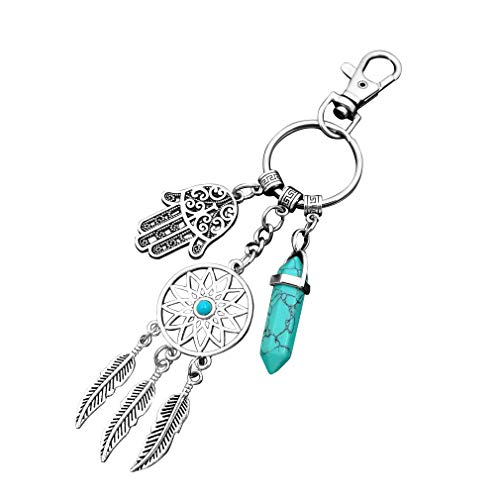 ZUNON Dreamcatcher Keychain Keyring Hipster Gifts Silver Toned Key Chain Blue Turquoise Gemstone and Hamsa Hand Charm Keyring (Dreamcatcher Keychain with Blue Turquoise)