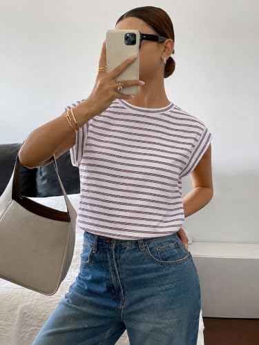 Image of Jawdrobe Women's Striped Western Top Round Neck Cap Sleeve T-Shirt for Women
