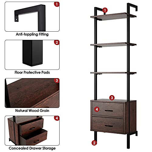 HOMECHO Ladder Bookshelf, 4-Tier Ladder Bookcase with 2 Fabric Drawers, Tall Display Shelves Storage Cabinet for Home Office, Wood and Metal Frame, Cherry