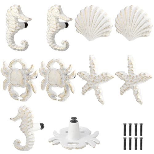 Zonon 8 Pcs Coastal Nautical Cabinet Knobs Beach Ocean Themed Drawer Knobs Starfish Seashell Seahorse Crab Cabinet Pulls & Handle Metal Knob for Dresser Cupboard Wardrobe (White)
