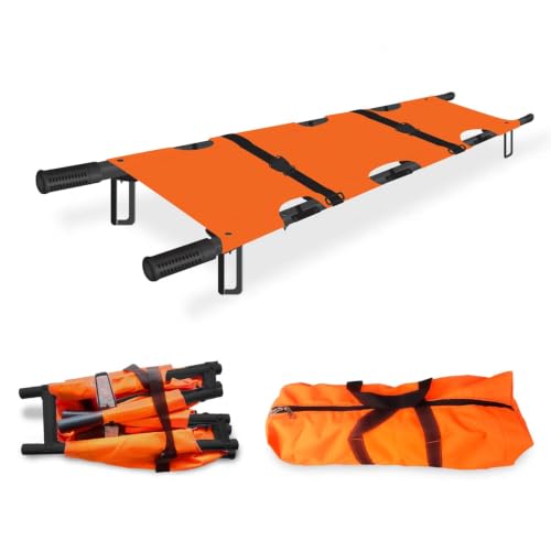 Image of OTICA Foldable Stretcher for Patient Shifting, Portable Stretcher for Emergency Hospital Use, Stretcher for Patient with Safety Belt, Stretcher for Ambulance (Mild Steel, Four Fold, Orange)