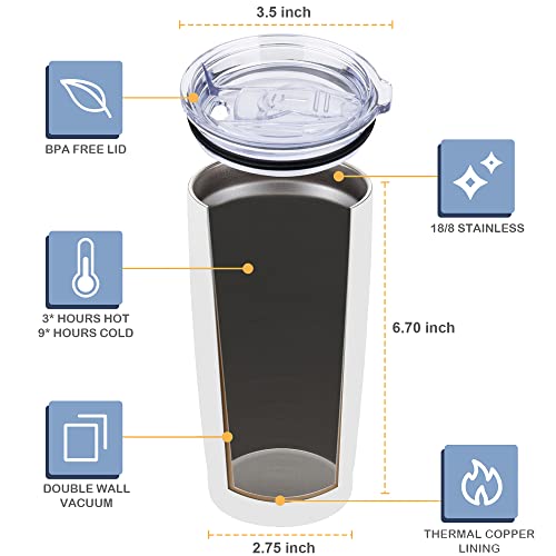 CIVAGO Vaso de 20 onzas con tapa y popote, vaso de acero inoxidable con aislamiento al vacío, taza de café de doble pared con recubrimiento de polvo, taza de viaje (blanco, paquete de 1) - Imagen 6