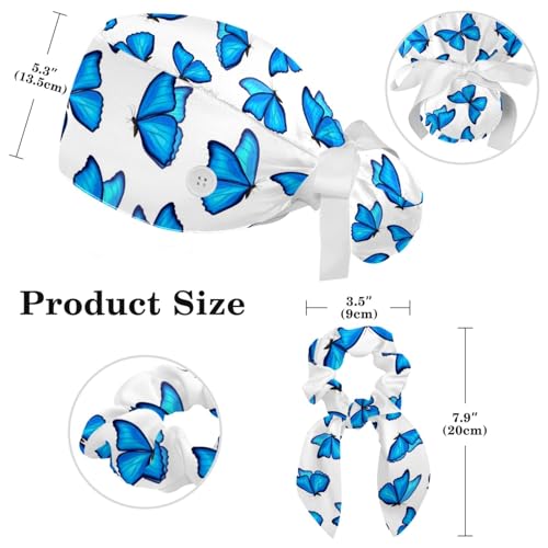 Image of Colored Butterflies Scrub Caps Women, Adjustable Working Cap with Button, Surgical Caps with Bow Hair Scrunchy