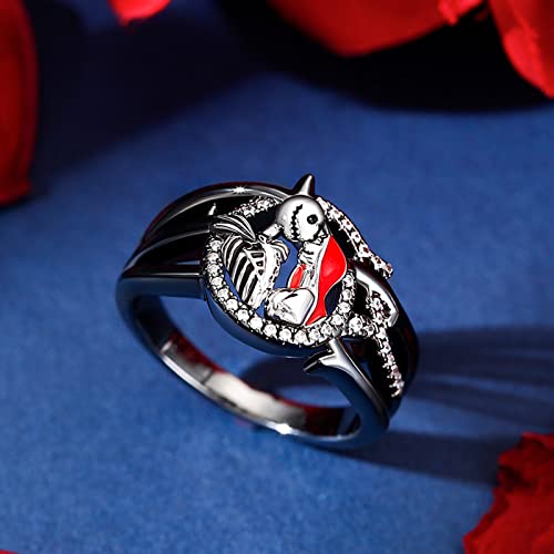 Jeulia Gothic Skull Diamond Rings: Sterling Silver Jack and Sally Skeleton Rings Band Halloween Romantic Nightmare Jewelry for Her Engagement Anniversary Christmas with Gifts Box3