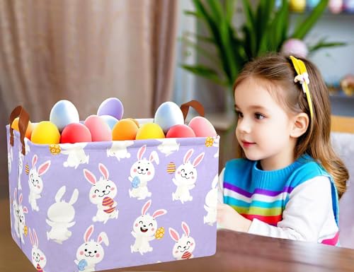 Image of Rectangle Empty Easter Baskets Boy Large Toy Storage Bin Girls collapsible Hamper Waterproof Canvas Box Kid Gifts Spring Decor( Laugh Rabbit Egg )