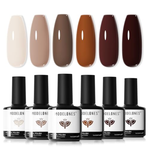 Image of modelones Nude Brown Gel Nail Polish Set, Beige Chocolate Caramel Skin Tone | 6 Fall Colors Neutral Khaki Shades, LED Soak Off DIY Home Salon, Gift for Women, Long-Lasting, Easy & Smooth to Apply